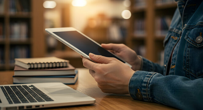 Woman using tablet in library studying education technology research learning digital books laptop