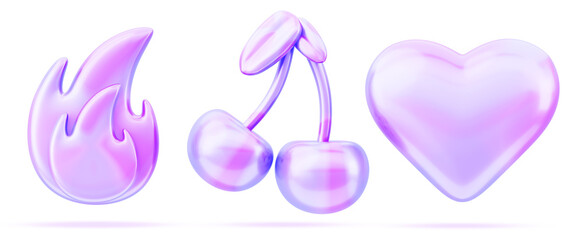 3d holographic y2k shapes - cherry, heart and fire. Abstract render set of retro futuristic aesthetic design elements in rainbow neon colors with metal liquid chrome gradient texture. 3D illustration