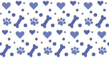 Blue Paw with Dog Bone and heart seamless pattern. Footprint pet Paw
