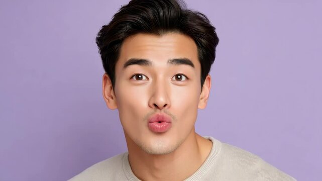 Young Man Making Playful Kissy Face Against Soft Purple Background