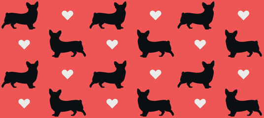 Corgi with hearts seamless pattern on red background.
