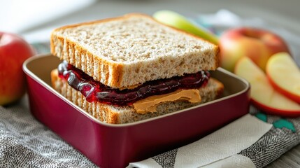 Peanut Butter and Jelly Sandwich in Lunchbox with Apples