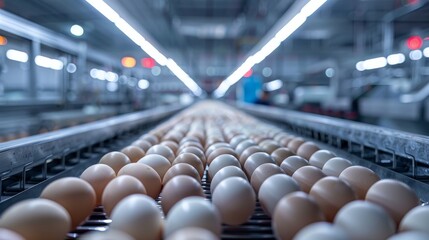 A clean and efficient production line showcases rows of fresh eggs moving along the conveyor belt in a well-lit facility, highlighting the productivity and technology in egg processing.