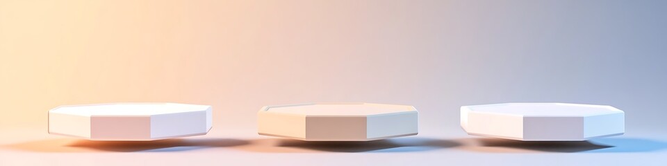 Floating 3D hexagon platforms with neutral tones and minimal tech product