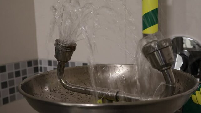 Close-up of an emergency eye wash station in use, showing water spraying from two nozzles into a stainless steel basin. Commonly found in labs or industrial settings for safety purposes.
