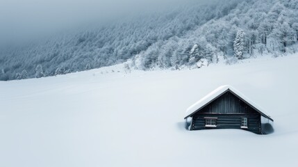 Fototapeta premium A serene snowy landscape featuring a solitary cabin surrounded by a blanket of white, embodying tranquility, isolation, and the peaceful beauty of a winter wonderland.