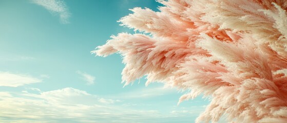 Pink pampas grass plumes against blue cloudy sky. Fluffy plants are light pastel color. Sky and ornamental reed create dreamy landscape.