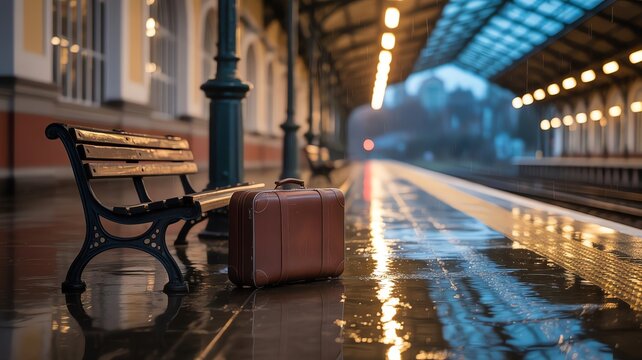 Suitcase and bench at a rainy train station - Powered by Adobe