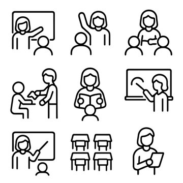 Classroom Teaching Icons. Outline icon set of classroom teaching moments: teacher pointing, student raising hand, group discussion