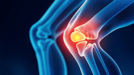 3D rendering of human knee joint with highlighted pain area. Illustration for medical and healthcare concepts related to orthopedics and joint pain.