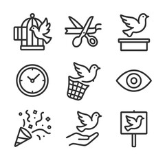 Dove Release Icon Set. Outline icon set of dove release ceremony: open cage, ribbon cutter, platform stage, timing clock, release