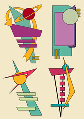 vector illustration of a set of colorful abstract elements. Mid Century modern googie Style signs.