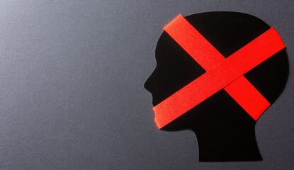 Silhouetted head, mouth and mind covered with red tape