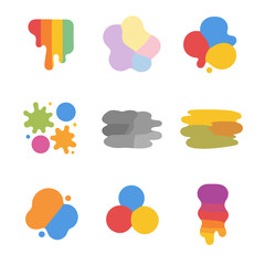 Color Palette Icons. Flat icon set of color palettes splashes: rainbow drip, pastel blob, primary triplet, neon spatter,