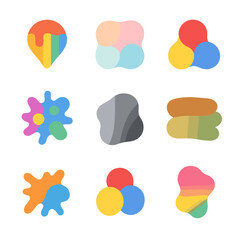 Color Palette Icons. Flat icon set of color palettes splashes: rainbow drip, pastel blob, primary triplet, neon spatter,