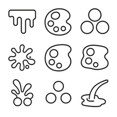 Color Palette Icons. Outline icon set of color palettes splashes: rainbow drip, pastel blob, primary triplet, neon spatter,