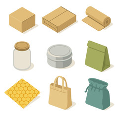 Eco-Friendly Packaging Icons. Isometric Flat icon set of plastic-free packaging alternatives: paper box, cardboard mailer, kraft