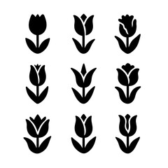 Colorful Tulip Icon Grid. Solid, Filled icon set of tulip varieties: Darwin, Triumph, Parrot, Fringed, Lily-flowered, Double,