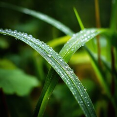 closeup view of a dewcovered blade of grass on the droplets soft blurred greenery in the background natural light