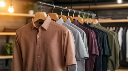 An array of stylish shirts arranged neatly on hangers, showcasing trendy fashion options for men, ideal for any wardrobe upgrade or fashion choice.