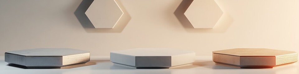Floating 3D hexagon platforms with neutral tones and minimal tech product