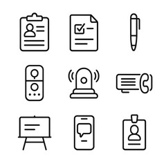 Communication Icons Grid. Outline icon set of communication and records: patient chart, consent form, pen, voice recorder, alarm