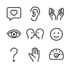 Obraz premium Empathy Icons Set. Outline icon set of empathetic communication: speech bubble heart, listening ear, open hands, eye contact icon,