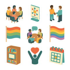 Naklejka premium Employee Resource Icons. Isometric Flat icon set of employee resource groups: group meeting, network poster, mentorship handshake,