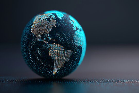 A digital globe made of glowing blue and orange dots representing the Americas on a dark background.
