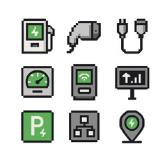 EV Charging Icons. Pixel art icon set of electric vehicle charging network: charging station, connector plug, charging cable,