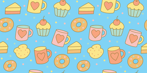Illustration of colorful cups, coffee and pastries. Seamless pattern. Suitable for fashion design, decoration, fabric, wallpaper and printing on a blue background.
