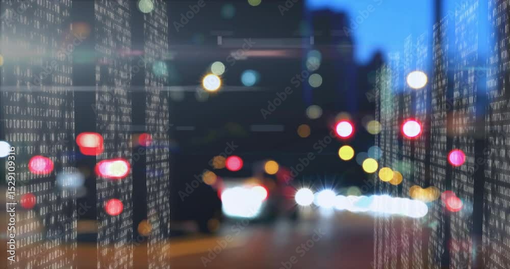 Poster on playback start abstract code streams flickering beside car trails pulsing visualizing data flow