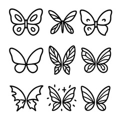 Fairy Wing Icon Set. Outline icon set of fairy wing styles: butterfly wing, dragonfly wing, moth wing, gossamer wing, veined wing,