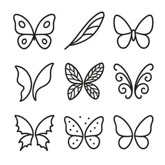 Fairy Wing Icon Set. Outline icon set of fairy wing styles: butterfly wing, dragonfly wing, moth wing, gossamer wing, veined wing,