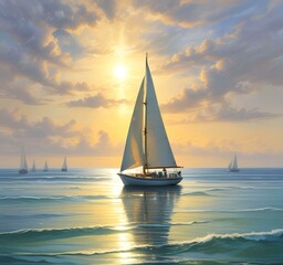 Illustration of sailboat yaht in calm ocean with island and sunrise.