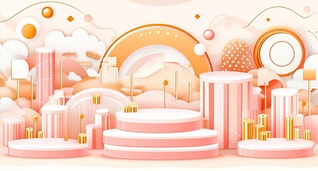 Pastel-toned, 3D scene with pink podiums and gold accents