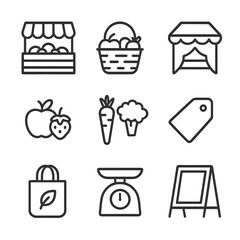 Plakat Farmers Market Icons. Outline icon set of farmers market: produce stand, basket, vendor tent, fresh fruits, vegetables, price tag,