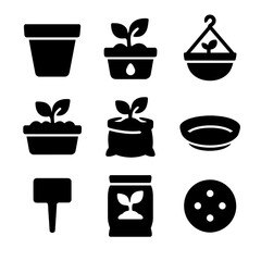 Container Gardening Icons. Solid, Filled icon set of container gardening: terra cotta pot, self-watering planter, hanging basket,