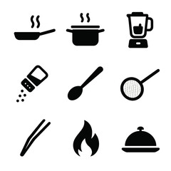 Cooking Techniques Icons. Flat icon set of cooking techniques: sauté pan, simmering pot, blender, seasoning shaker, stirring spoon