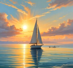 Fototapeta premium Illustration of sailboat yaht in calm ocean with island and sunrise.