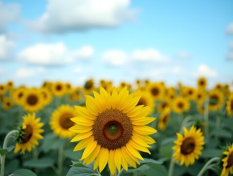 A field of sunflowers under a blue sky with clouds