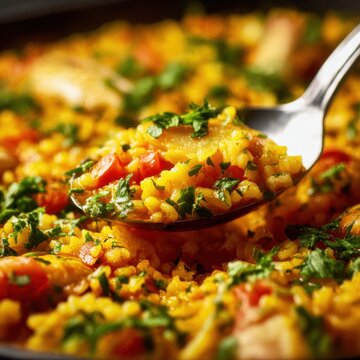 closeup shot ready to serve arroz de tamboril food photography gourmet vibrant fresh ingredients razor shallow  clean background