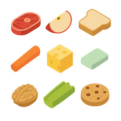 Food Icon Grid. Isometric Flat icon set of chewing food items: steak slice, apple wedge, bread slice, carrot stick, cheese cube,