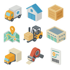 Food Logistics Icons. Isometric Flat icon set of Food Distribution Logistics: delivery truck, cold storage warehouse, packing