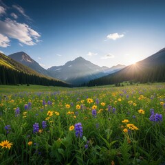 Obraz premium Breathtaking Nature Scene: Wildflowers, Mountains, and Blue Sky A stunning, high-resolution photograph capturing the beauty of a vibrant meadow dotted with colorful wildflowers.