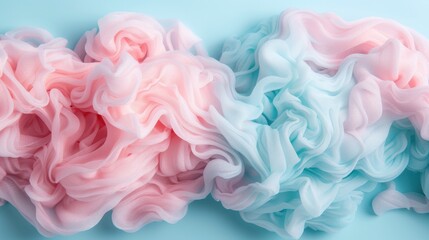 Fototapeta premium An elegant display of silky pastel chiffon fabric in soft pink and light blue, showcasing a beautiful drape that captures the essence of softness and lightness in design.