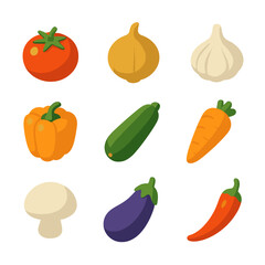 Fresh Ingredients Icons. Isometric Flat icon set of fresh cooking ingredients: tomato, onion, garlic, bell pepper, zucchini,