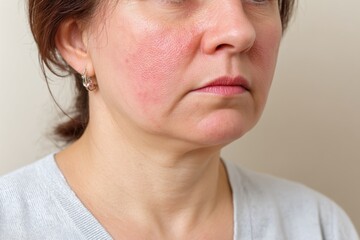 Obraz premium In an Indoor Setting, a Confident Plus-Size Woman With Rosacea Sits Against a Neutral Backdrop, Beautifully Highlighting Her Natural Beauty. She Gracefully Embraces Her Skin Challenges