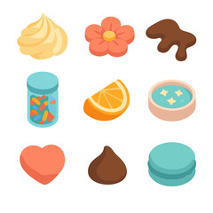 Frosting and Toppings Icons. Isometric Flat icon set of frosting and toppings: buttercream swirl, fondant flower, chocolate