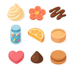 Frosting and Toppings Icons. Isometric Flat icon set of frosting and toppings: buttercream swirl, fondant flower, chocolate